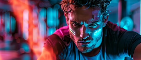 Obraz premium Amazing portrait of a personal trainer with Glow HUD big icon of fitness statistics