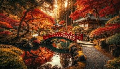 Obraz premium Japanese Garden With Red Bridge