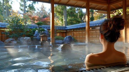   A woman relaxes in a hot tub, surrounded by a room's expanse, outside view featuring a building and a pond in its center