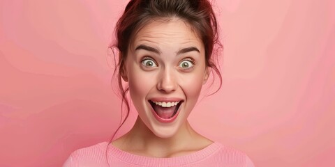 A woman with a surprised expression on her face, eyes wide and mouth slightly agape - obrazy, fototapety, plakaty