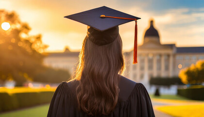 Back view of long-haired student woman in black cap and gown with warm golden lighting, college blurred in background