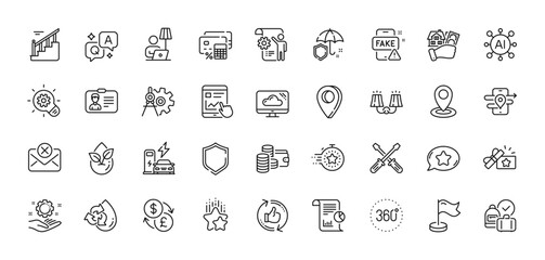 Fake news, Reject mail and Identification card line icons pack. AI, Question and Answer, Map pin icons. Internet report, Stairs, Loyalty gift web icon. Vector