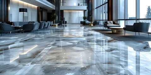 Elegant Commercial Lobby with Pristine Marble Floor Following Professional Cleaning. Concept Commercial Lobby, Marble Floor, Professional Cleaning, Elegant Design, Pristine Appearance