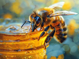 Naklejka premium Watercolor painting capturing a single bee perched on the edge of a glass jar filled with fresh honey, illuminated by natural light accentuating the golden hues.