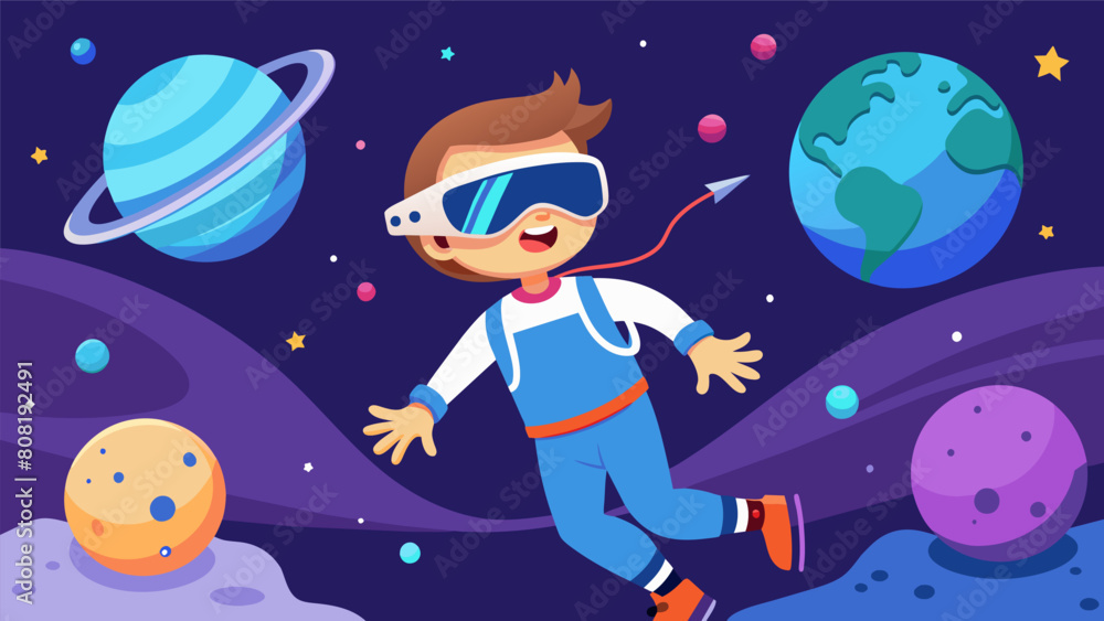 Poster a virtual reality experience that lets children walk on the moon and experience zero gravity.. vecto