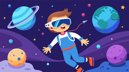 Naklejka premium A virtual reality experience that lets children walk on the moon and experience zero gravity.. Vector illustration