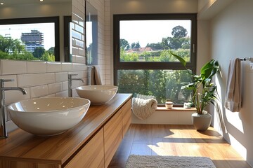 Fototapeta premium Two vessel sinks complement a well-lit bathroom with natural light streaming in through a large window