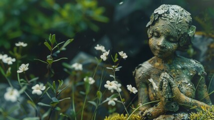 Fototapeta premium antique garden decor figurines, beautiful green garden with flowers and plaster figurine natural background. Background, with copy space