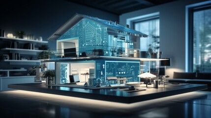 Smart home technology  house on phone screen with wireless connections for iot automation system