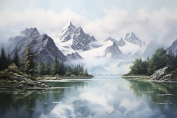 Fototapeta premium A magnificent landscape of a mountain river, snow-capped mountains, coniferous trees and sky. The concept for the development of tourism, mountaineering, skiing, rock climbing, 