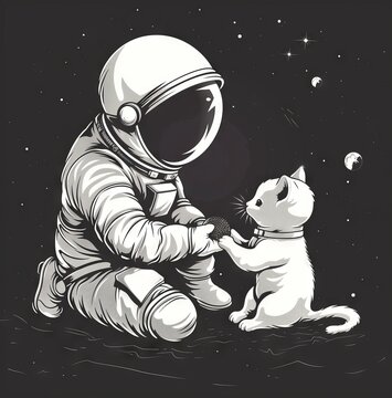Black and white illustration of astronaut and cat in space, friendship and exploration concept