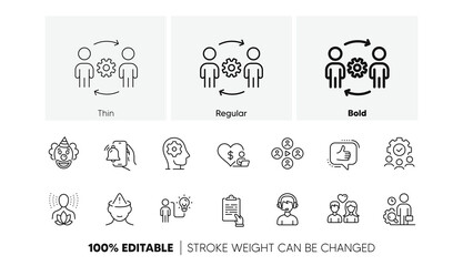 Video conference, Couple love and Brain working line icons. Pack of Like, Consultant, Clown icon. Teamwork, Yoga balance, Alarm clock pictogram. Engineering team, Inspect, Mental health. Vector