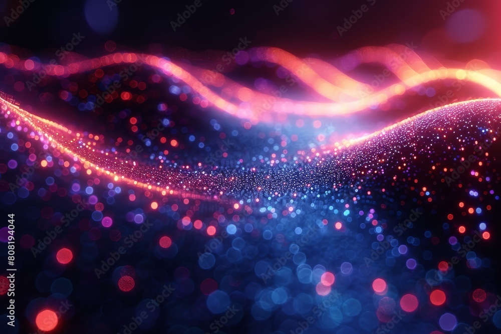 Poster this image captures the harmonious flow of blue and pink light particles undulating in a tranquil wa
