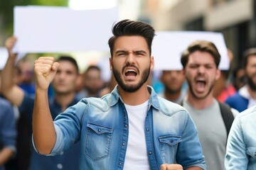 Young man leading a protest with a loud cry