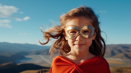 Young superhero girl on blue sky backdrop symbolizing girl power and aspirations
