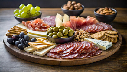 charcuterie board with assorted meats, cheeses, and snacks arranged beautifully for a luxurious dining experience