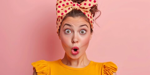 A woman wearing a bow on her head is making a comical facial expression
