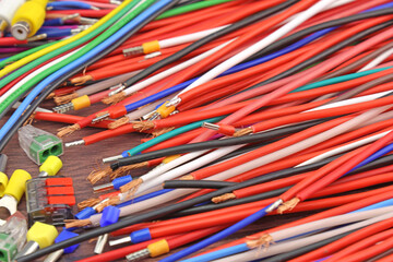 Copper electrical installation wires in colored insulation. Close-up.