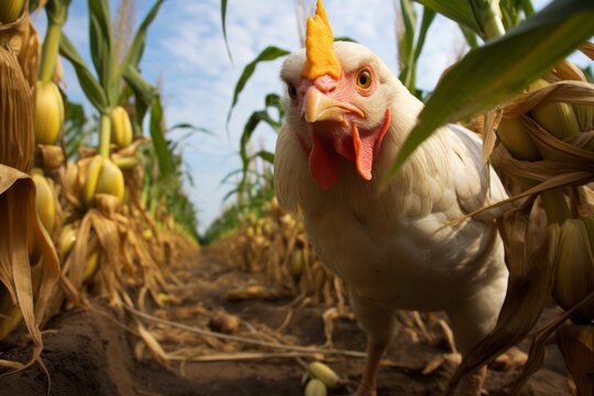 Chickens on a chicken farm grazing outdoors, domestic animal husbandry concept
