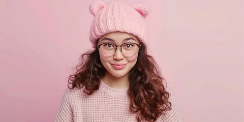 A woman with glasses and a pink hat
