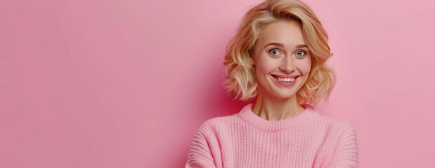 A woman wearing a pink sweater is striking a pose for a photo
