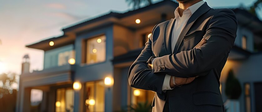Closeup half body of a real estate agent with Glow HUD big icon of property listings