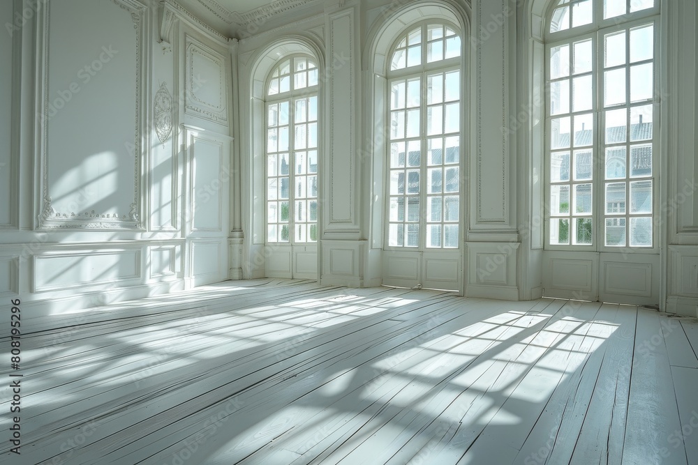 Poster spacious empty room with sunlight casting beautiful patterns on the wooden floor through large class