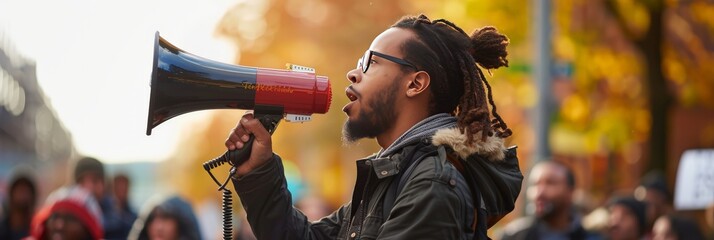 A man with dreadlocks holding a red and black megaphone in a straightforward pose