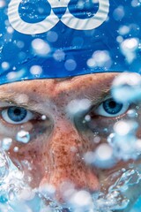 Intense gaze  swimmer s eyes underwater, symbolizing serenity and focus in summer olympic sport