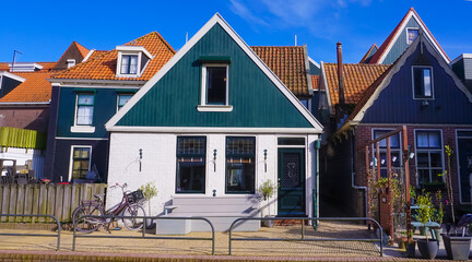 Beautiful wooden houses. Typical small Dutch houses facades in Volendam, Netherlands