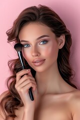 Beautiful woman with long curly hair holding makeup brush on soft pastel background with copy space