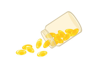 Yellow gel pills spilling out of transparent pill bottle. Vector cartoon flat illustration of open container with fish oil supplement. 