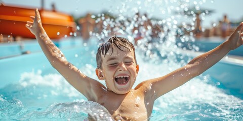 A young boy happily playing in a swimming pool, splashing water and having fun on a sunny day