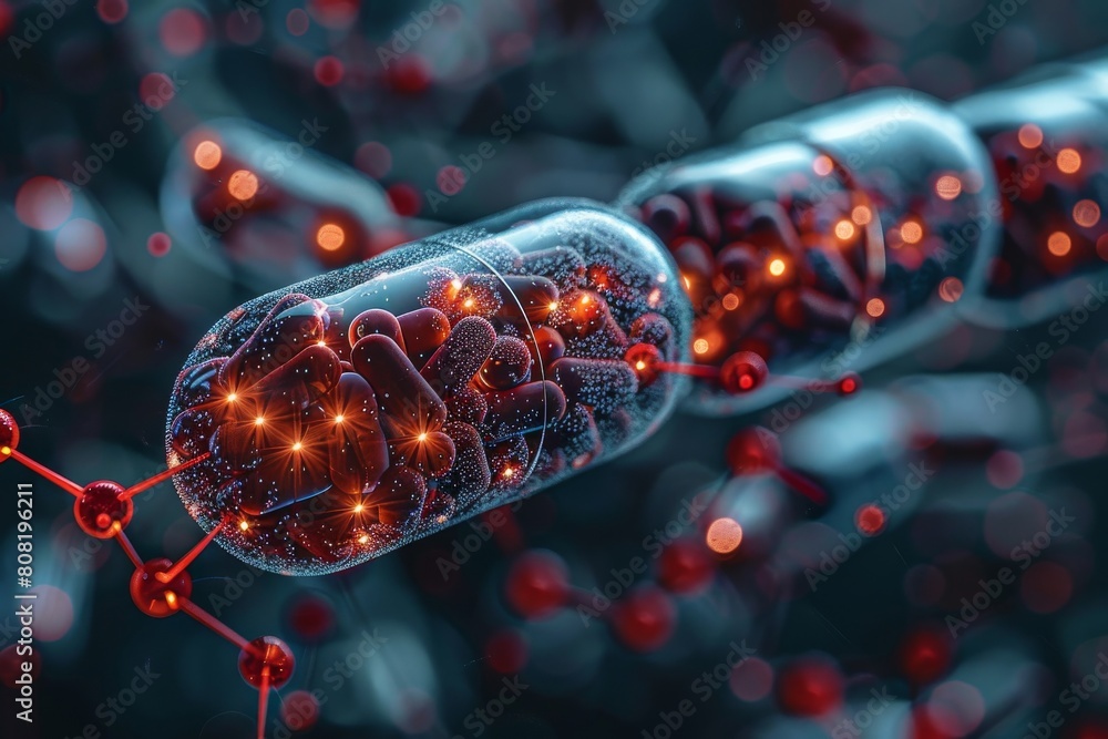 Poster digital artwork of futuristic nanotech capsules with glowing particles and connection lines
