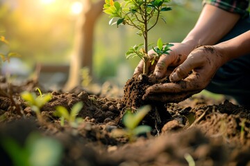 Fototapeta premium Tree planting holiday in the USA, Arborist Day, hands close up planting a tree 