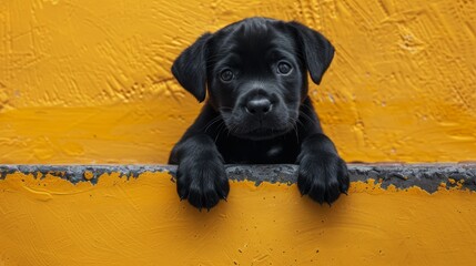   A tight shot of a dog atop a wall, its paws balanced on the edge, gazing directly into the camera