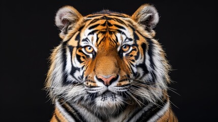   Close-up of a tiger's intense face against black backdrop, gazing directly into camera