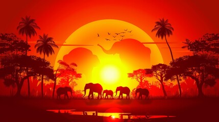   A group of elephants facing a sunset, palm trees flanking their sides, a body of water in the foreground