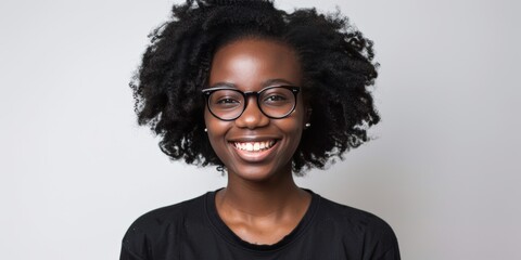 A woman wearing glasses smiles directly at the camera in a casual pose