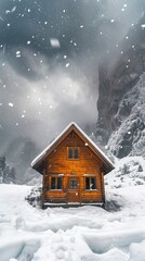 Fototapeta premium Snowstorm illustration in a small wooden cabin. Wooden cabin in artistic and dreamy design against a background covered with lots of snow.