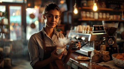 The picture of the barista holding coffee cup inside cafe or coffee shop, the barista skills...