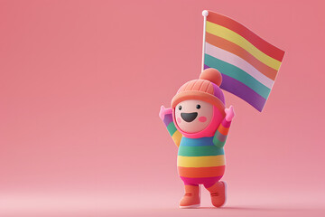 Cute 3d cartoon character with rainbow LGBTQ and transgender flag celebrate pride month on background.