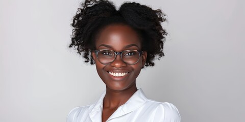 A woman wearing glasses and a white shirt is shown