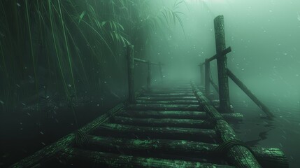   A dock situated in a swampy region, featuring a wooden pathway extending towards its peak