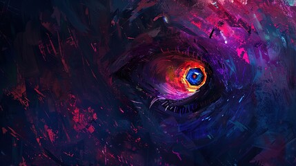 artistic illustration dark fantasy nightmare slumber land, an eye in the void outer space with bright color, Generative Ai