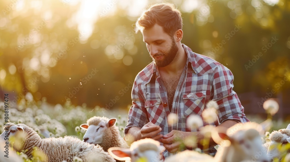 Poster   A man sits in a field, interacting with separate sheep One hand touches each ear