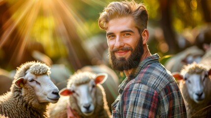   A bearded man stands before a sun-kissed herd of sheep Trees frame the scene, their leaves...