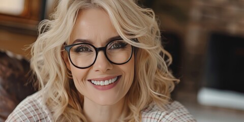 A woman wearing glasses smiles directly at the camera in a close-up shot, showing her joy and confidence