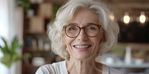 An older woman wearing glasses smiles directly at the camera