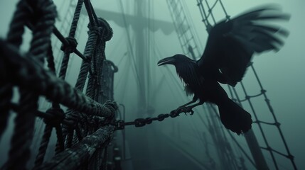   A bird perches on a rope close to a boat's mast amidst foggy seas - obrazy, fototapety, plakaty